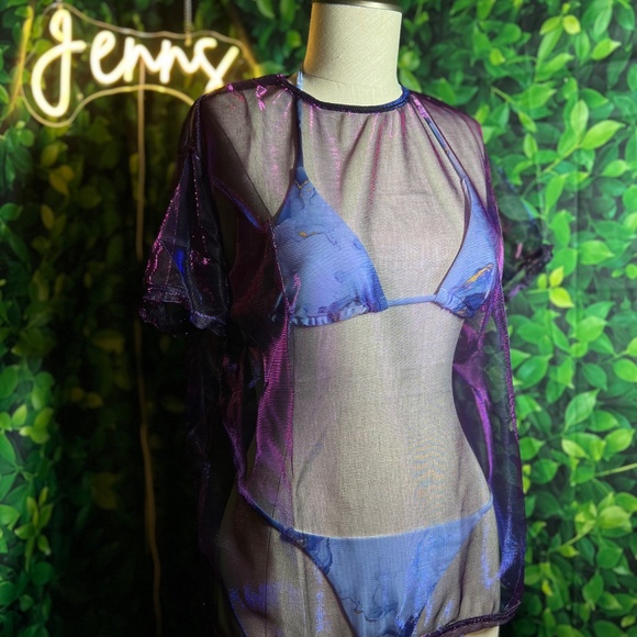 Tops - Midnight Aura Sheer Mesh Cover-Up – Iridescent Purple Festival Top
